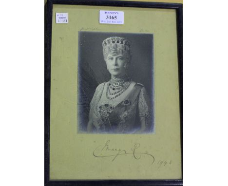 AUTOGRAPH, ROYALTY. A silver print photograph of Mary of Teck, Queen Consort, signed and dated 1943 in ink to mount, also sig
