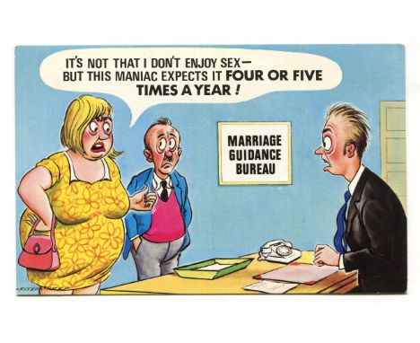 A collection of approximately 139 postcards in an album and loose, all comic/humorous or saucy seaside humour.Buyer’s Premium