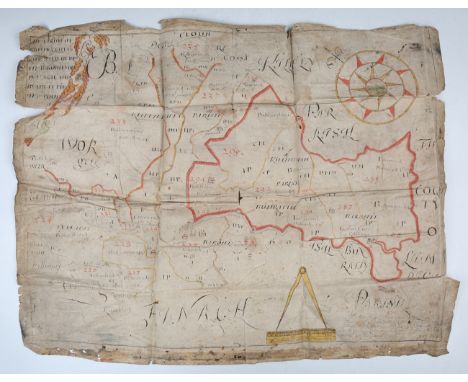 MAP, IRELAND. A folding manuscript map titled 'The Parish of Kilfenaughta and Kilfenienan in the Baronies of Tullagh and Bunr