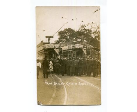 A group of 4 photographic postcards 'Tram Smash - Kingston Bridge', 'Opening of New Electric Tram-Way Service at Kingston, Ma