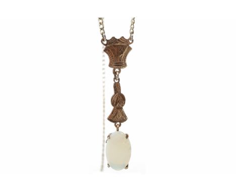 EARLY TWENTIETH CENTURY CONTINENTAL NINE CARAT GOLD OPAL PENDANTwith a single oval opal drop, 9mm long, the pendant 42mm high