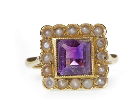 EARLY TWENTIETH CENTURY AMETHYST AND SEED PEARL RINGset with a central square step cut amethyst 8mm wide and within a millegr