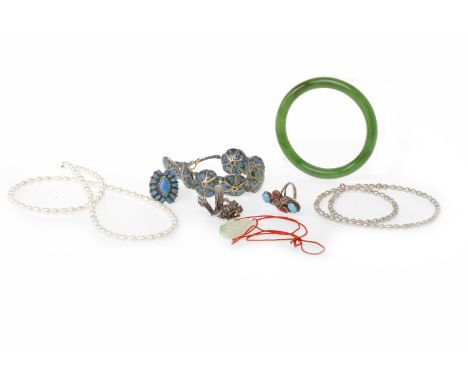 TWO FRESHWATER PEARL NECKLACESalong with other items including a green hardstone bangle and a jade pendant (8)