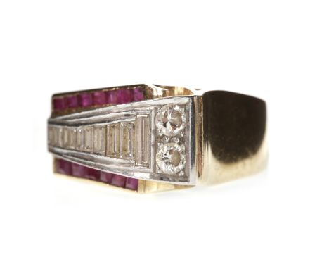 MID TWENTIETH CENTURY RUBY AND DIAMOND DRESS RINGin the USA style of the era, with a central rising tapered section with grad