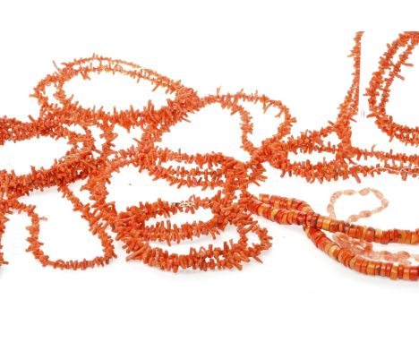 GROUP OF VARIOUS CORAL NECKLACEScomprising six formed by stick sections of coral, one formed by barrel sections and one with 