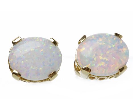 PAIR OF OPAL STUD EARRINGSeach set with a single oval opal 11mm long, stud fittings, the butterflies marked 585, 5.6g gross