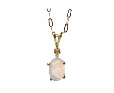 TEN CARAT GOLD OPAL AND DIAMOND PENDANTthe opal 16mm long, suspended from a diamond set bale, on a nine carat gold chain, 0.6