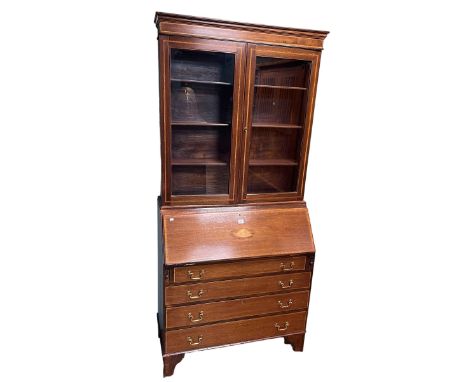 Edwardian inlaid mahogany bureau bookcase on bracket feet, 194cm by 90cm by 41cm.
