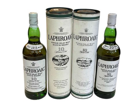 Laphroaig 10 year Single Islay Malt Scotch Whisky x two 1 litre bottles, both 43% vol.