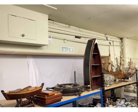 Two model galleons, two ships in bottles, boat shaped rack, two small ships wheels, five framed nautical knot pictures, etc.