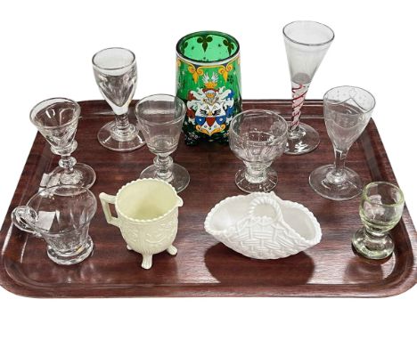 Eleven pieces of mainly 19th Century glassware including Scottish bonnet glass, Sowerby pressed glass, enamel Armorial glass,