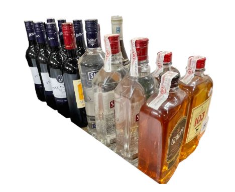 Sixteen bottles of wine and spirits including 103 Osborne Whisky 1 litre, Grants 1 litre, Smirnoff Vodka 1 litre, etc.