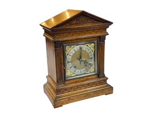 Victorian architectural oak and gilt framed bracket clock, 42cm high.