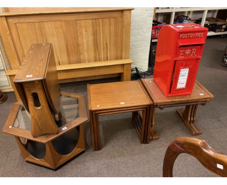 Mid Century G Plan? teak nest of three tables, teak and copper topped nest of three tables, hexagonal teak and glass inset co