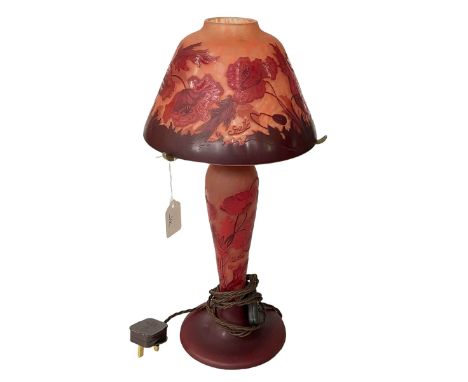 Gallé style glass table lamp and shade, 50cm.