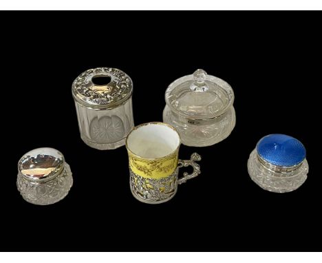 Four silver mounted toilet jars, one the blue enamel, and ornate silver mounted coffee can (5).