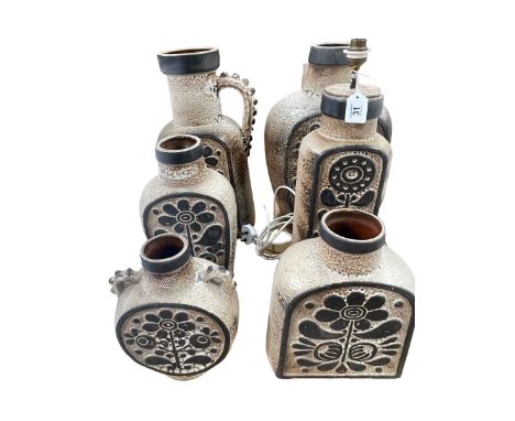 Five West German Luxus range vases and a table lamp.
