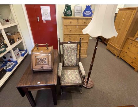 Mahogany drop leaf dining table with two frieze drawers, Victorian American rocker, carved oak coal box and standard lamp and