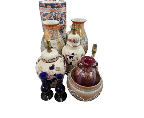 Oriental stick stand, pair of vases, table lamps, Royal Doulton planter, glass candlesticks.