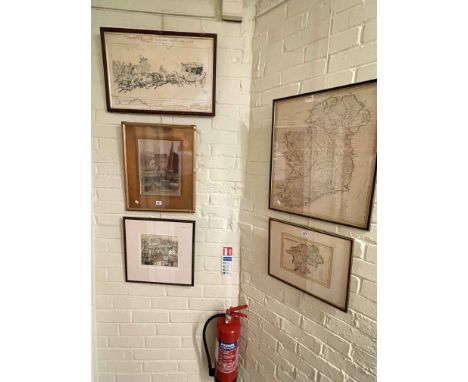 Gilt framed Whitby watercolour, J Degnan Richmond print, Backhouse & Co print and two map prints.