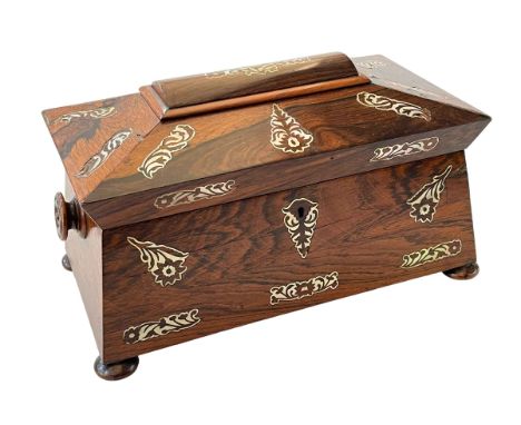 Victorian rosewood mother of pearl inlaid three compartment caddy, 32cm wide.