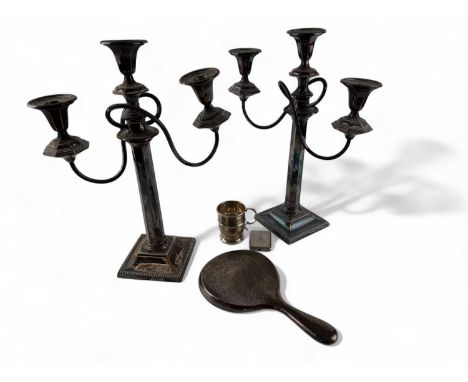 PAIR OF VICTORIAN SILVER PLATED CANDELABRA, 38cm (h), also a SILVER CHRISTENING CUP, Birmingham 1960, 80g,  SILVER BACKED VAN