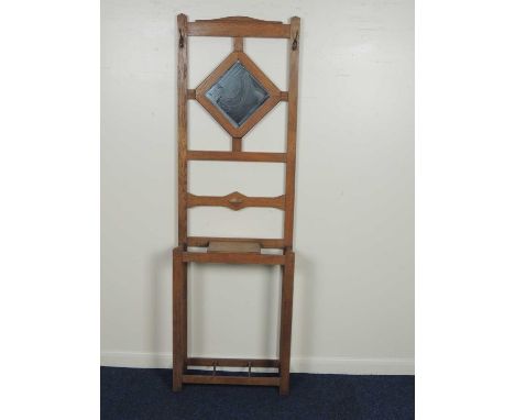 OAK HALL STAND, diamond shaped mirror back, two oxidised double coat hooks, 193 (h) x 61 (w) x 24cms (d)Provenance: private c
