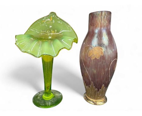 ART NOUVEAU GILDED PINK IRIDESCENT OVAL GLASS VASE IN THE STYLE OF LOETZ, 19cm (h), also an EDWARDIAN LIME GREEN TINTED GLASS