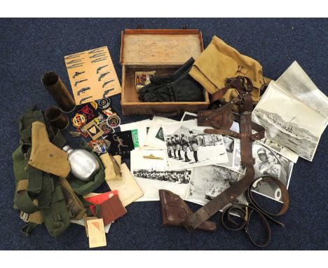 ASSORTMENT OF MILITARY RELATED COLLECTABLES, including a Sam Browne belt with pistol holster, shell cases, ephemera including