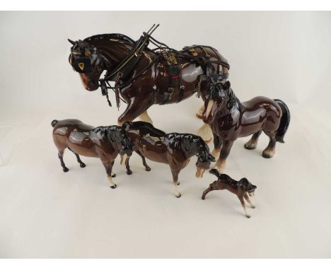 MELBA WARE WORKING HORSE MODEL, also two BESWICK BROWN HORSES, a BESWICK FOAL and a further model of a HEAVY HORSE (5)Provena