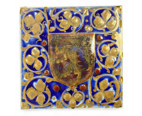 PILKINGTON & CO. ROYAL LANCASTRIAN HERALDIC LUSTROUS TILE, circa 1915, centred with a lion rampant shield in lustrous colours