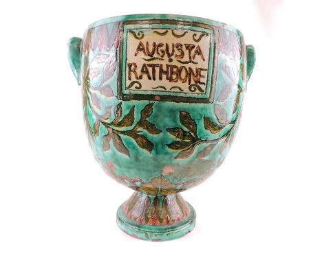 RARE DELLA ROBBIA LARGE FOOTED URN BY WILLIAM WARWICK OR WILLIE WILLIAMS, CIRCA 1895, U-shaped bowl with lug handles, inscrib