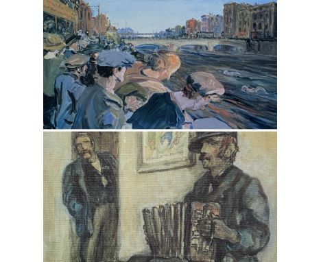JACK B. YEATS (1871-1957) two colour prints - 'Nofio yn y Liffey yn Nulyn', 38.5 x 54cms, and 'The Accordion Player', 58 x 41