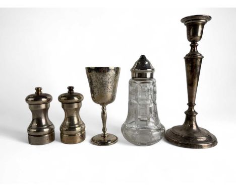 MODERN SILVER WINE GOBLET, Birmingham 1968, 14cms (h), 125g; along with a silver mounted cut glass sugar caster, Sheffield 19