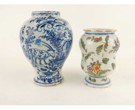 DELFT BLUE AND WHITE VASE, early 18th Century, decorated with a goat and barn, 19cm (h), also an ITALIAN ALBARELLO, decorated