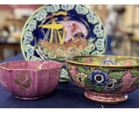 MALING GALLEON PLATE, 28.5CM (d); also a MALING PEONY PINK LUSTROUS BOWL, 21.5cm (d); and a ROSENTHAL PINK LUSTROUS OCTAGONAL