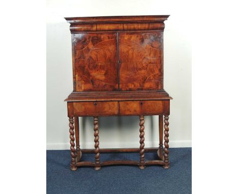 WILLIAM & MARY WALNUT & BOXWOOD LINE INLAID SECRETAIRE CHEST ON STAND, c. 1695, elements of the stand later, fitted interior 
