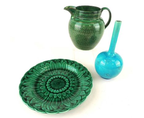 DECORATIVE CERAMICS GROUP, Burmantofts turquoise glazed bottle vase with incised sun motifs, impressed marks to base, no. 531