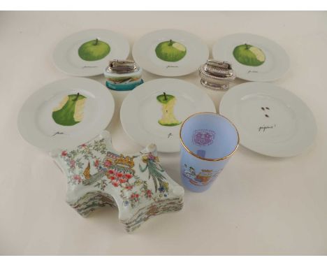 SET OF SIX LIMOGES EXIMIOUS POMME VERTES DESSERT PLATES, boxed, also QUEEN ELIZABETH II CORONATION GLASS BEAKER, in original 