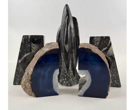 PAIR OF BLUE AGATE BOOKENDS, 14cms (h), a Moroccan Orthoceras fossil sculpture, 25.5cms (h), and a pair of marble Orthoceras 