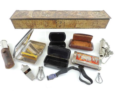 ROWNTREE 'WILLIAM SHAKESPEARE' COMMEMORATIVE TIN, also four VICTORIAN SNUFF BOXES, VINTAGE WHISTLES, folding steel pocket COR