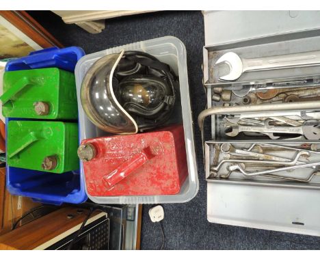 THREE VINTAGE PETROL CANS, also a VINTAGE MOTORCYCLE HELMET (for decorative use only) and goggles, and a TOOLBOX containing a