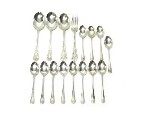 Silver flatware, comprising; nine rat tail pattern teaspoons, Sheffield 1913, three further rat tail pattern teaspoons, Sheff