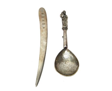 A Dutch silver spoon, the fig shaped bowl with a depiction of Mary and Jesus, detailed Ave Maria, the terminal to the handle 