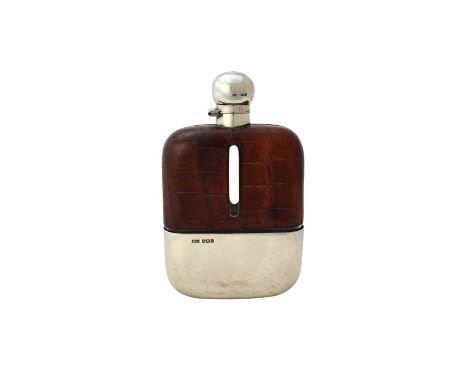 A silver and leather mounted glass large rectangular spirit flask, the spirit top presentation inscribed and with a pull-off 