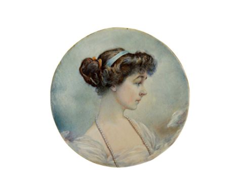 R De San Gallo (late 19th/early 20th century), a portrait miniature on ivory of a young girl in profile, blue band to hair an