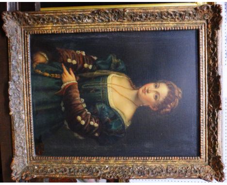 D. Mealins, after Titian, Portrait of a girl in a blue dress, oil on canvas, signed and indistinctly dated, 19** 38cm x 28cm.