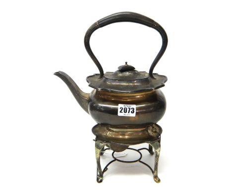 A silver spirit kettle, with a silver stand and silver mounted spirit burner, Birmingham 1921, the kettle with a black handle