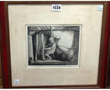 Frederick Austin (1902-1990), Milking time, etching, signed and dated 1929, 14cm x 18cm. DDS