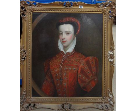 English School (18th/19th century), Portrait of a lady in Elizabethan dress, oil on canvas, in a feigned oval, 70cm x 58.5cm.